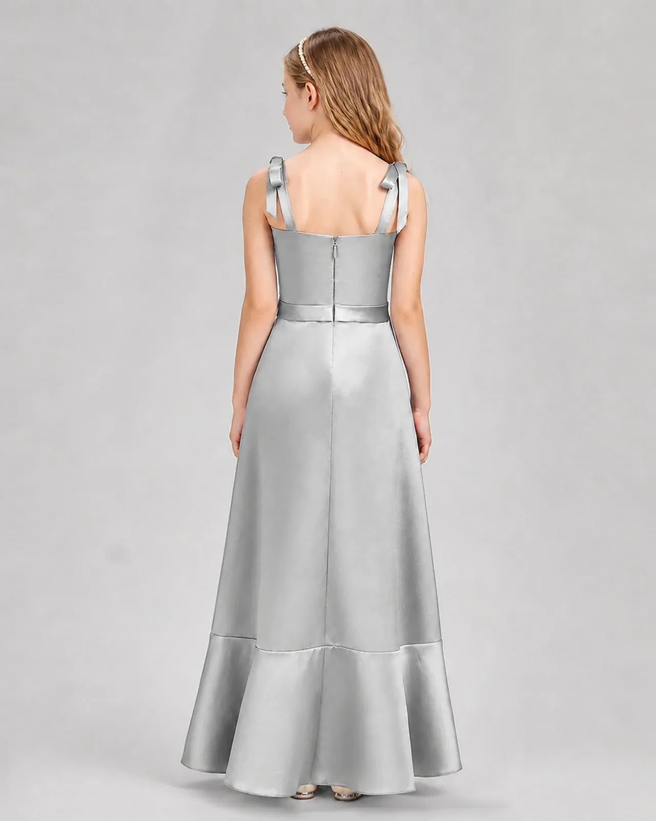 Silver Satin A-Line Junior Bridesmaid Dresses Back View