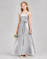 Silver Satin Bow Straps Junior Bridesmaid Dresses Front View