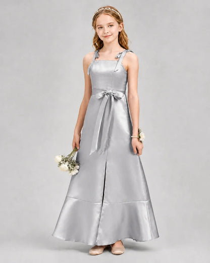 Silver Satin Bow Straps Junior Bridesmaid Dresses Front View