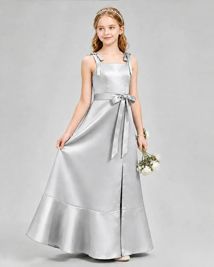 Silver Satin A-Line Junior Bridesmaid Dresses Side View