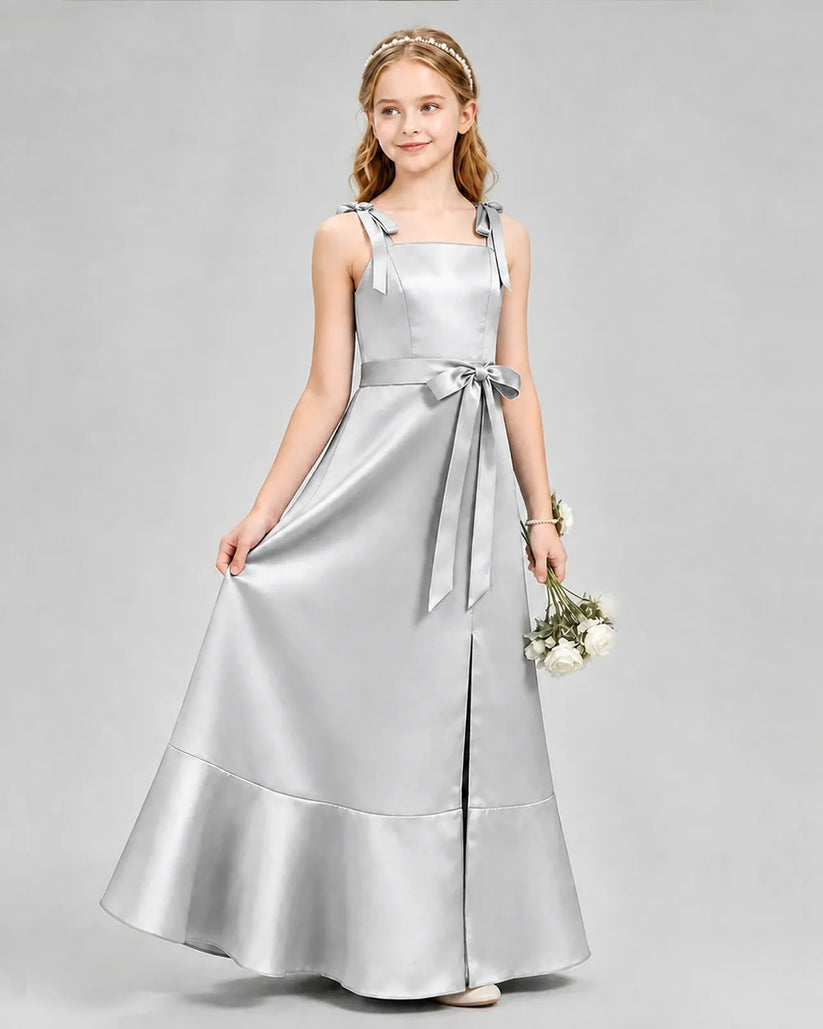 Silver Satin A-Line Junior Bridesmaid Dresses Side View