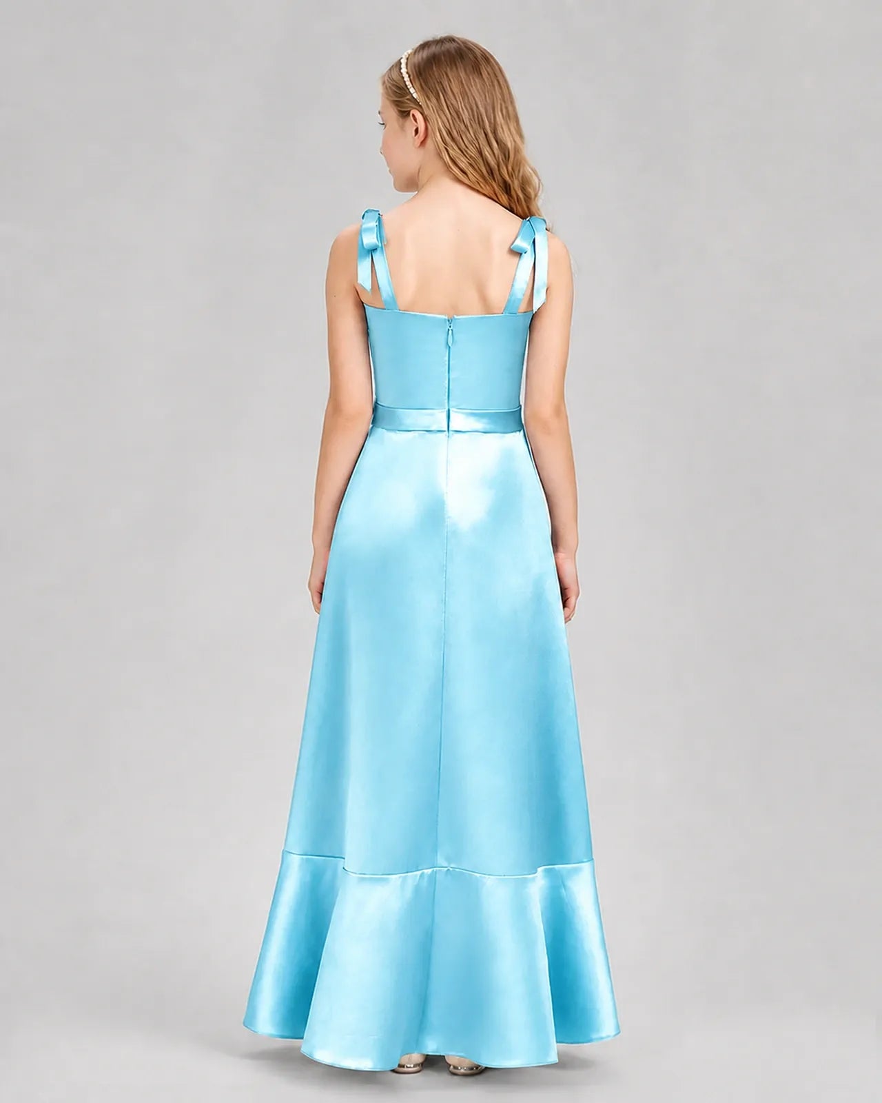 Sky Blue Satin A-Line Junior Bridesmaid Dresses Back View
