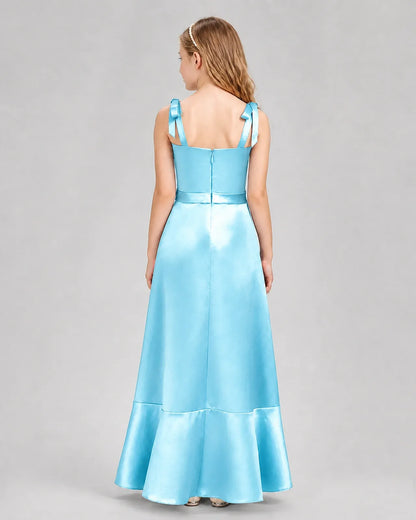 Sky Blue Satin A-Line Junior Bridesmaid Dresses Back View