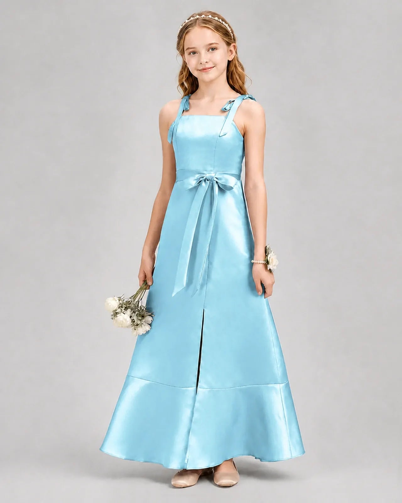 Sky Blue Satin A-Line Junior Bridesmaid Dresses Front View