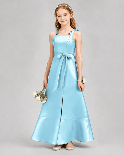 Sky Blue Satin A-Line Junior Bridesmaid Dresses Front View
