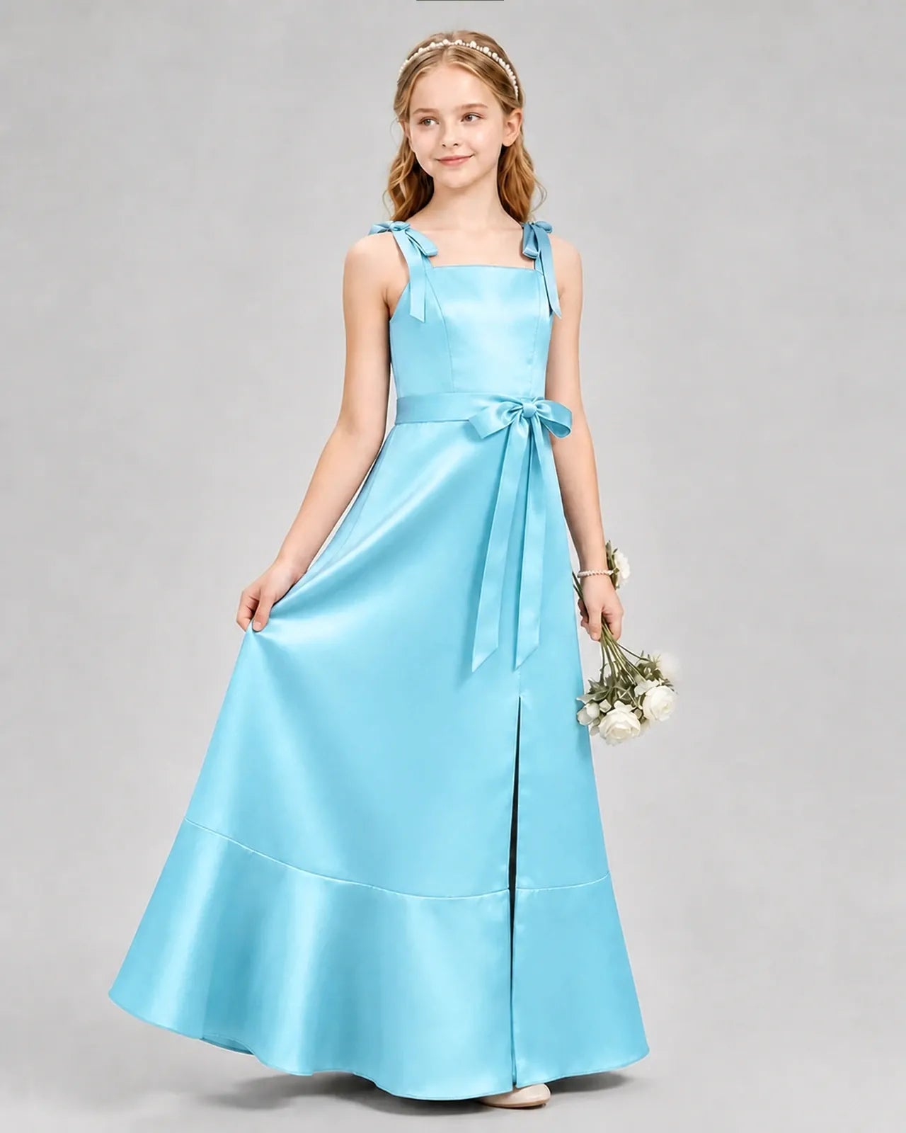 Sky Blue Satin A-Line Junior Bridesmaid Dresses Side View
