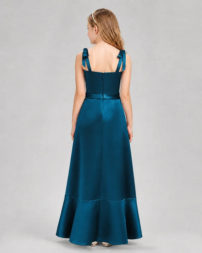 Teal satin A-line junior bridesmaid dress Back View
