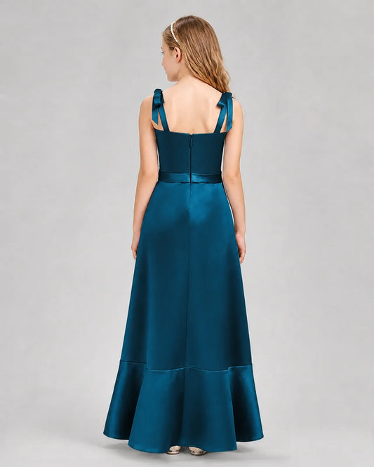Teal satin A-line junior bridesmaid dress Back View