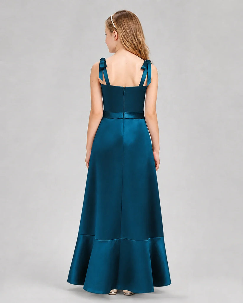 Teal satin A-line junior bridesmaid dress Back View