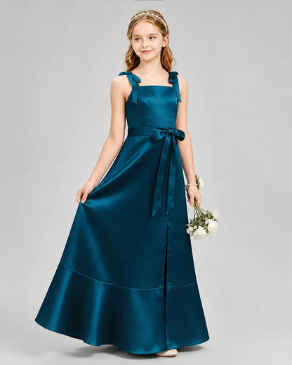 Teal Satin Bow Strap A-Line Junior Bridesmaid Dresses Side View