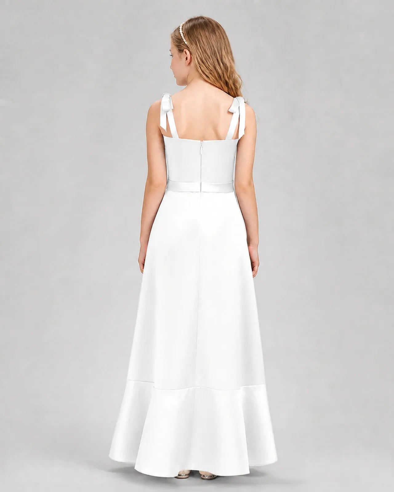 White Satin Bow Strap Junior Bridesmaid Dresses Back View