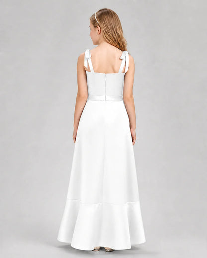 White Satin Bow Strap Junior Bridesmaid Dresses Back View