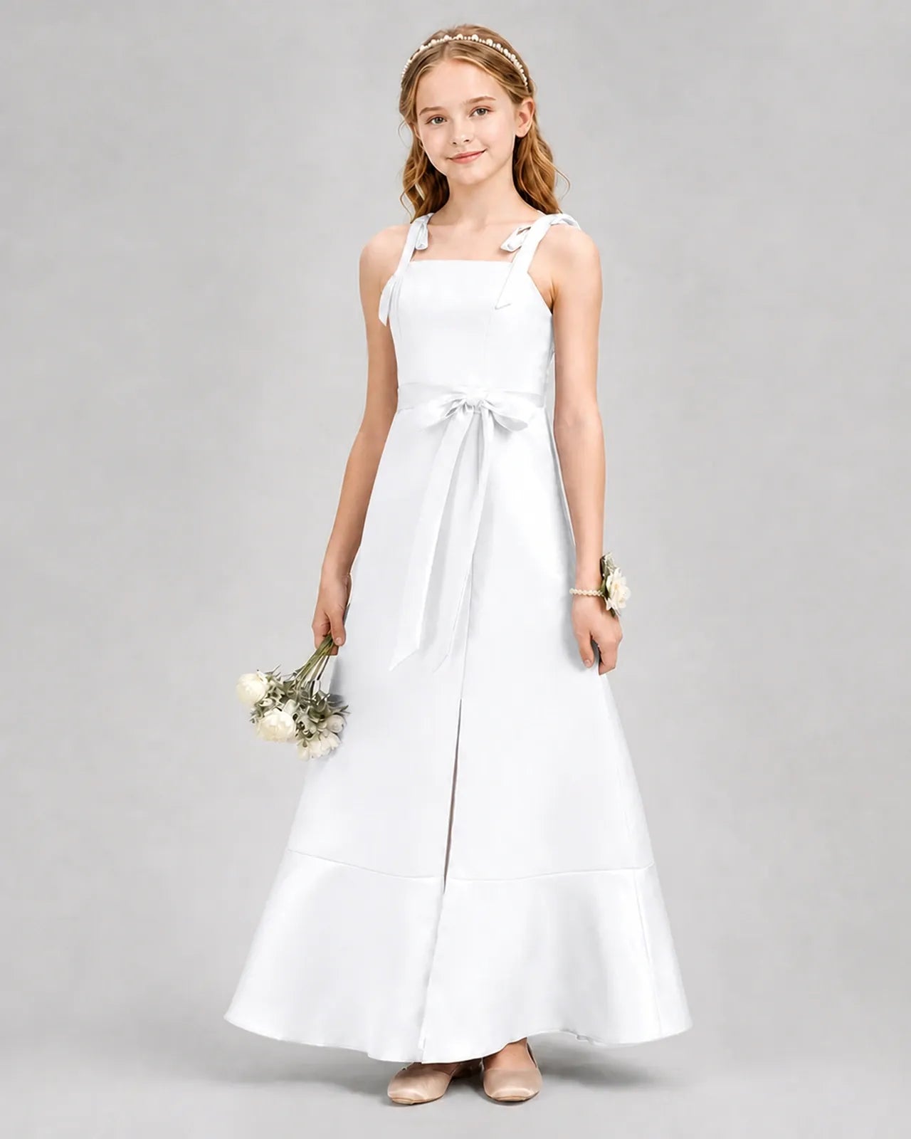 White Satin A-Line Junior Bridesmaid Dresses Front View