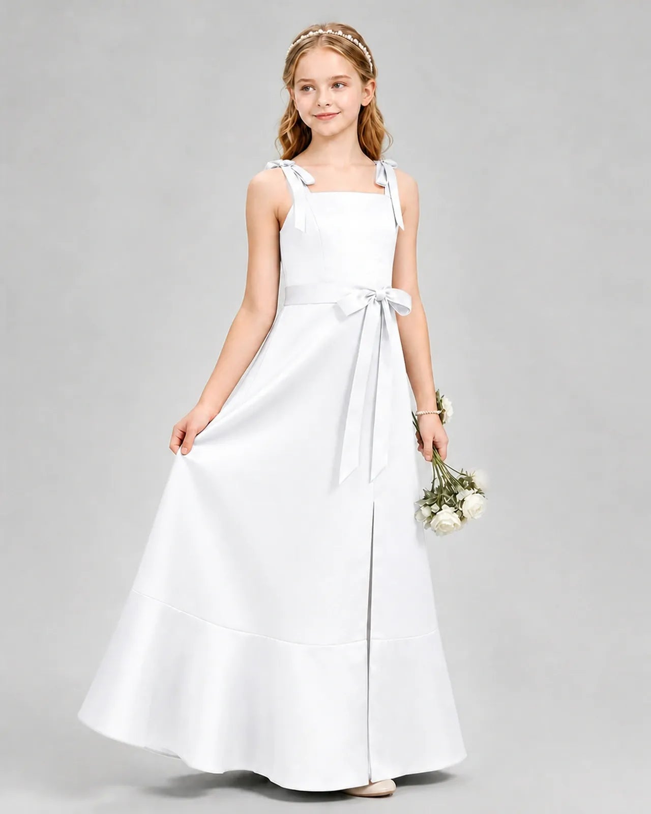 White Satin Bow Strap Junior Bridesmaid Dresses Side View