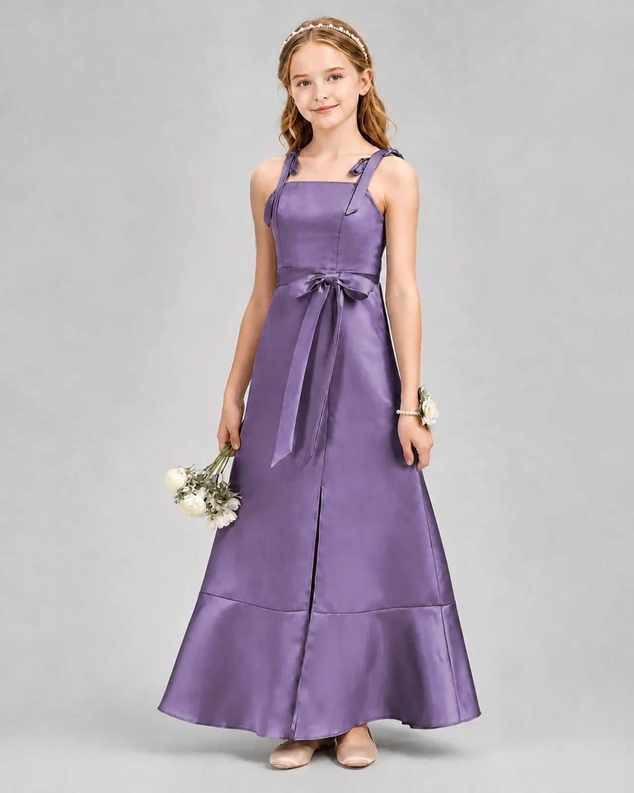 Wisteria Satin Tie-Strap Junior Bridesmaid Dresses Front View