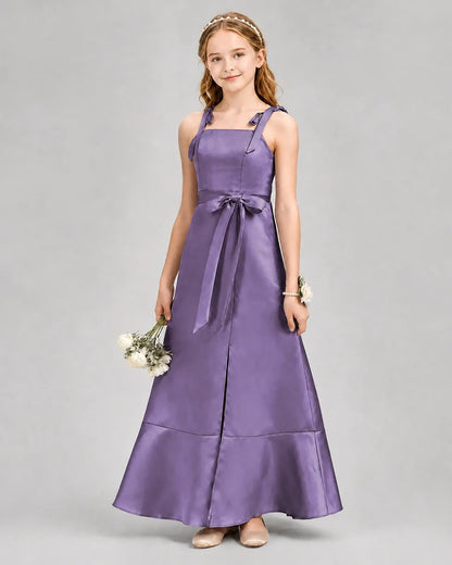 Wisteria Satin Tie-Strap Junior Bridesmaid Dresses Front View