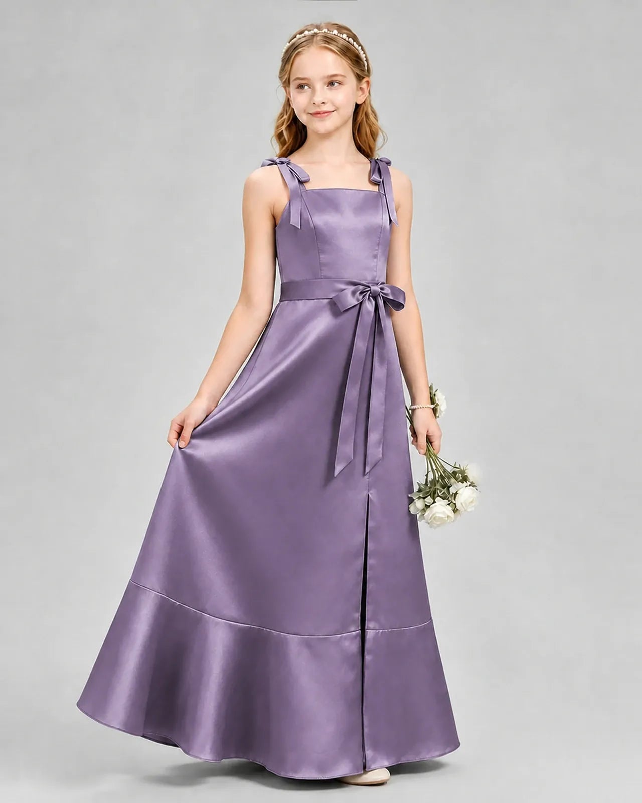Wisteria satin A-line junior bridesmaid dress Side View