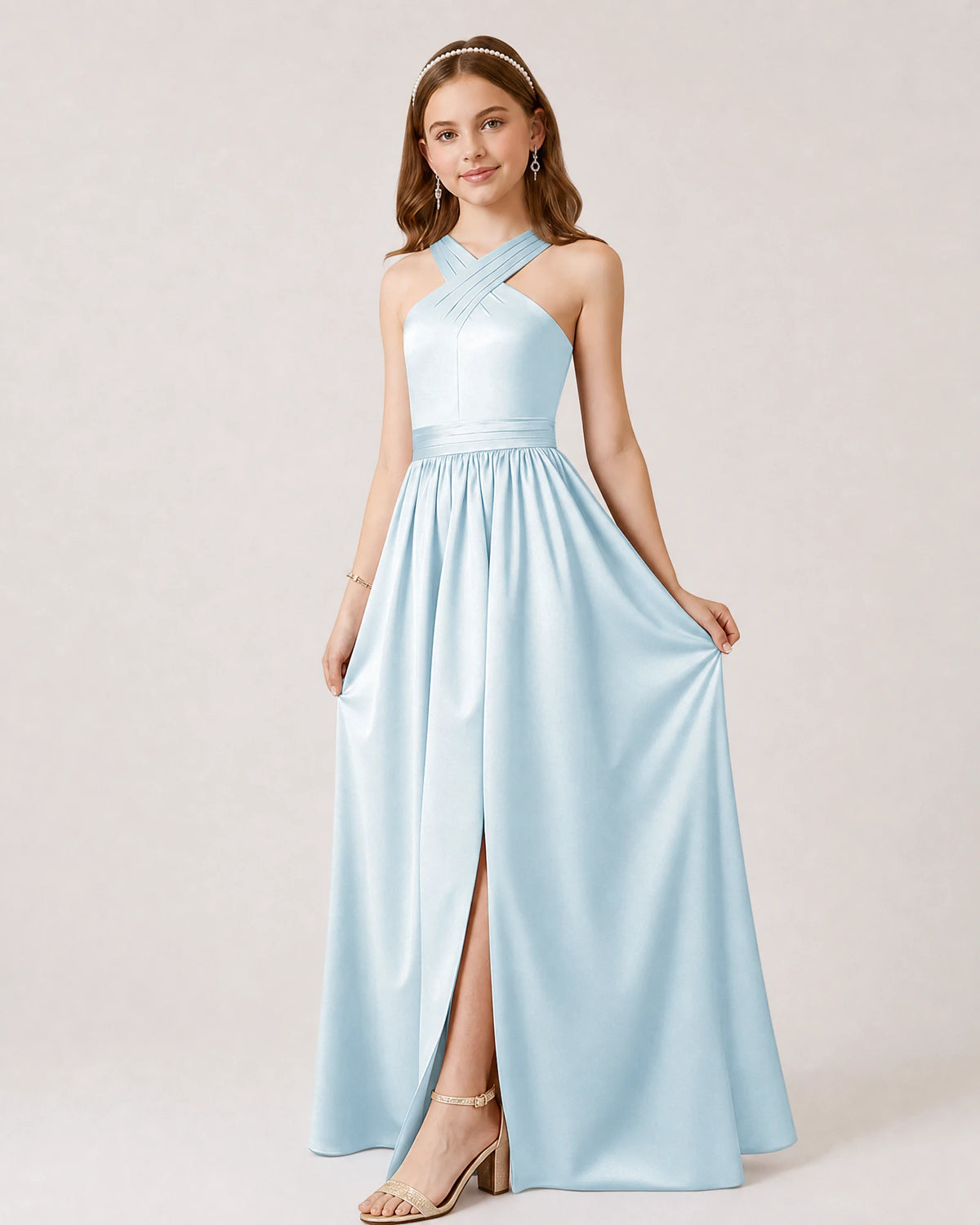 Baby Blue Satin A-line Junior Bridesmaid Dress Front View