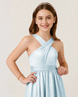 Baby Blue Satin A-line Junior Bridesmaid Dress Front View
