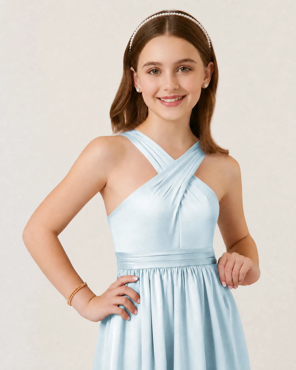 Baby Blue Satin A-line Junior Bridesmaid Dress Front View