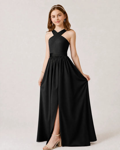 Black Satin A-line Junior Bridesmaid Dress Front View