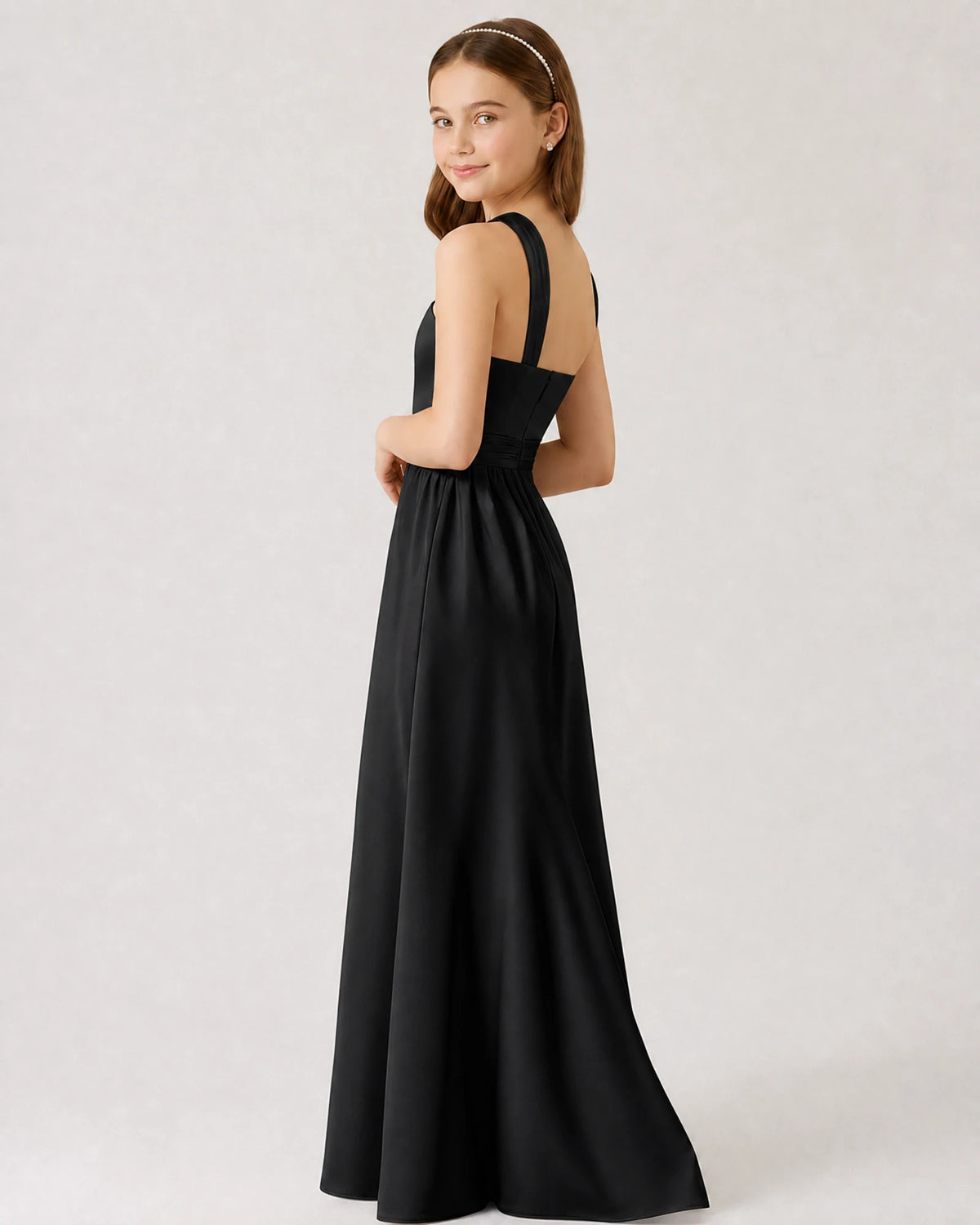 Black Satin A-line Junior Bridesmaid Dress Side View