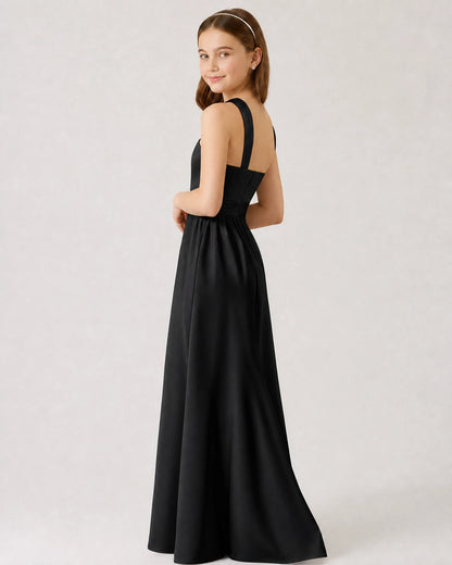Black Satin A-line Junior Bridesmaid Dress Side View