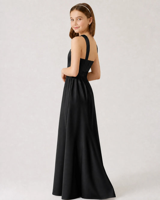 Black Satin A-line Junior Bridesmaid Dress Side View