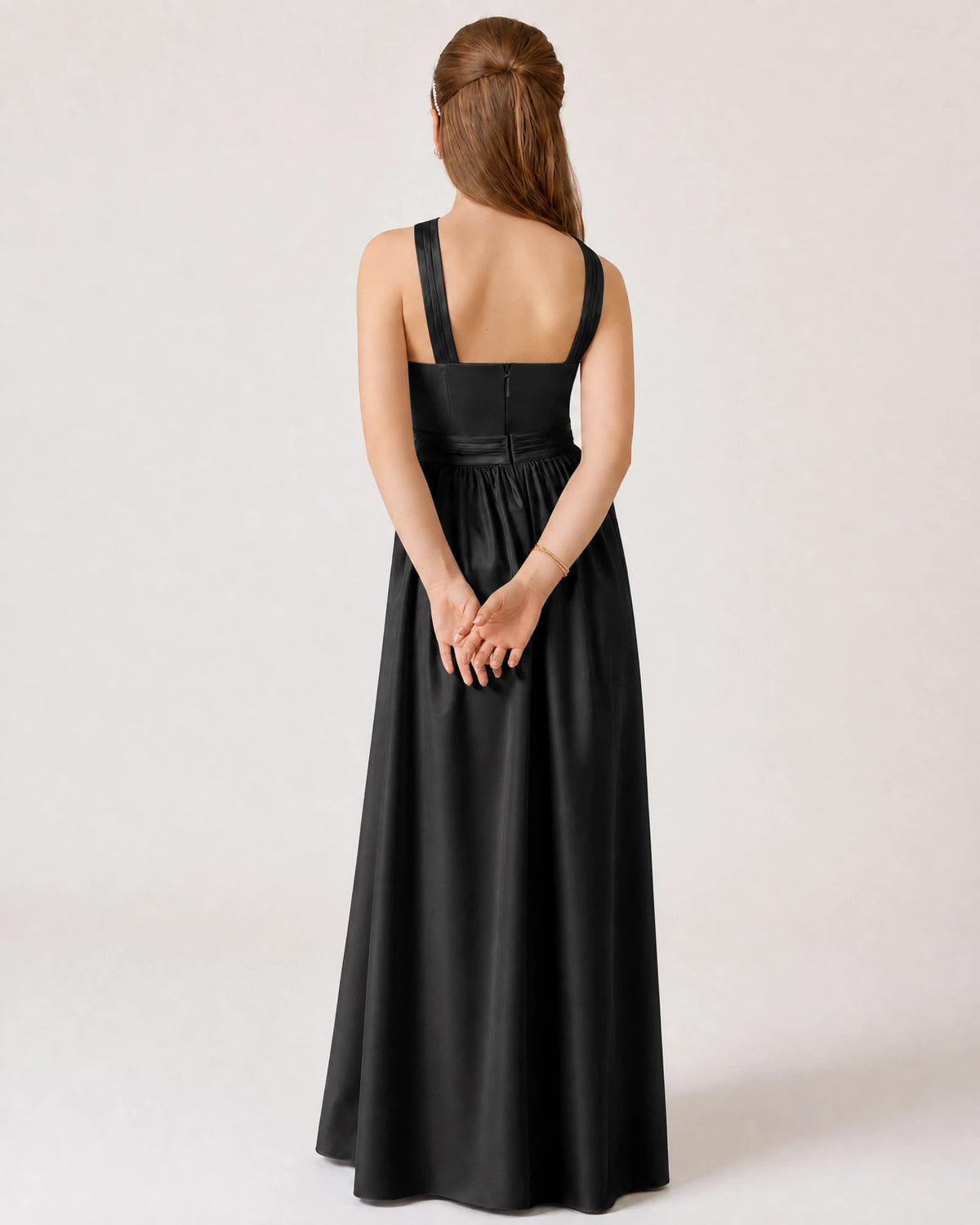 Black Satin A-line Junior Bridesmaid Dress Back View