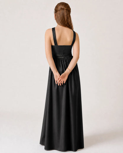 Black Satin A-line Junior Bridesmaid Dress Back View
