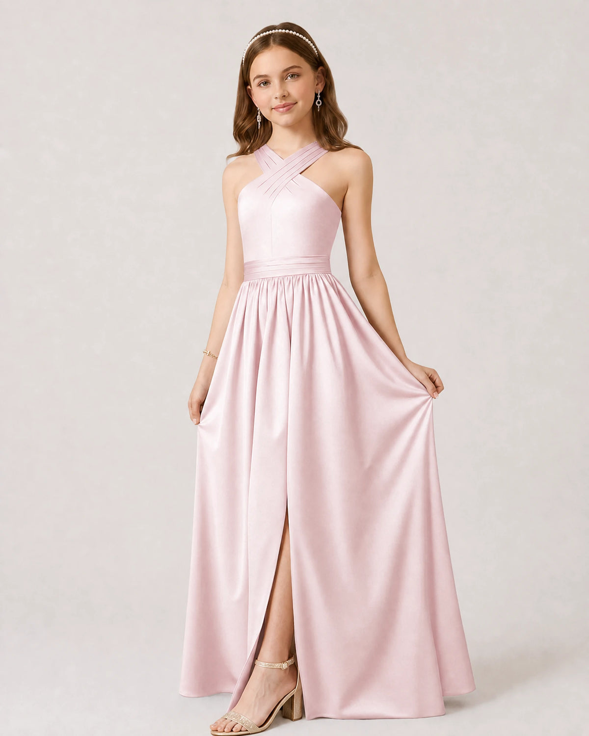 Blush Pink Satin A-line Junior Bridesmaid Dress Front View