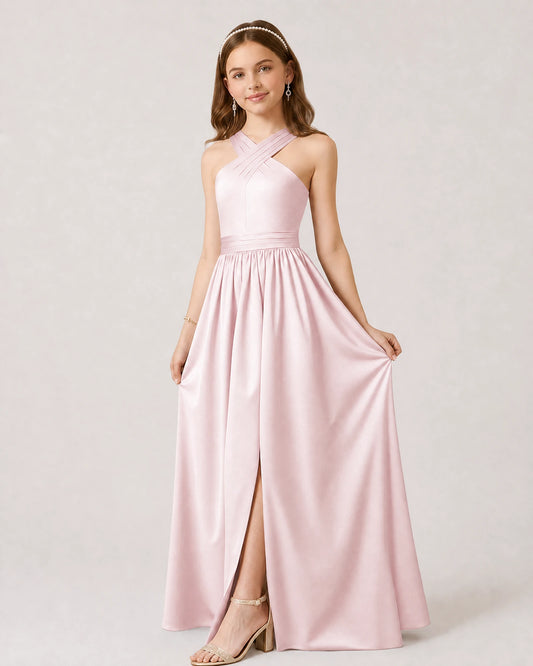 Blush Pink Satin A-line Junior Bridesmaid Dress Front View