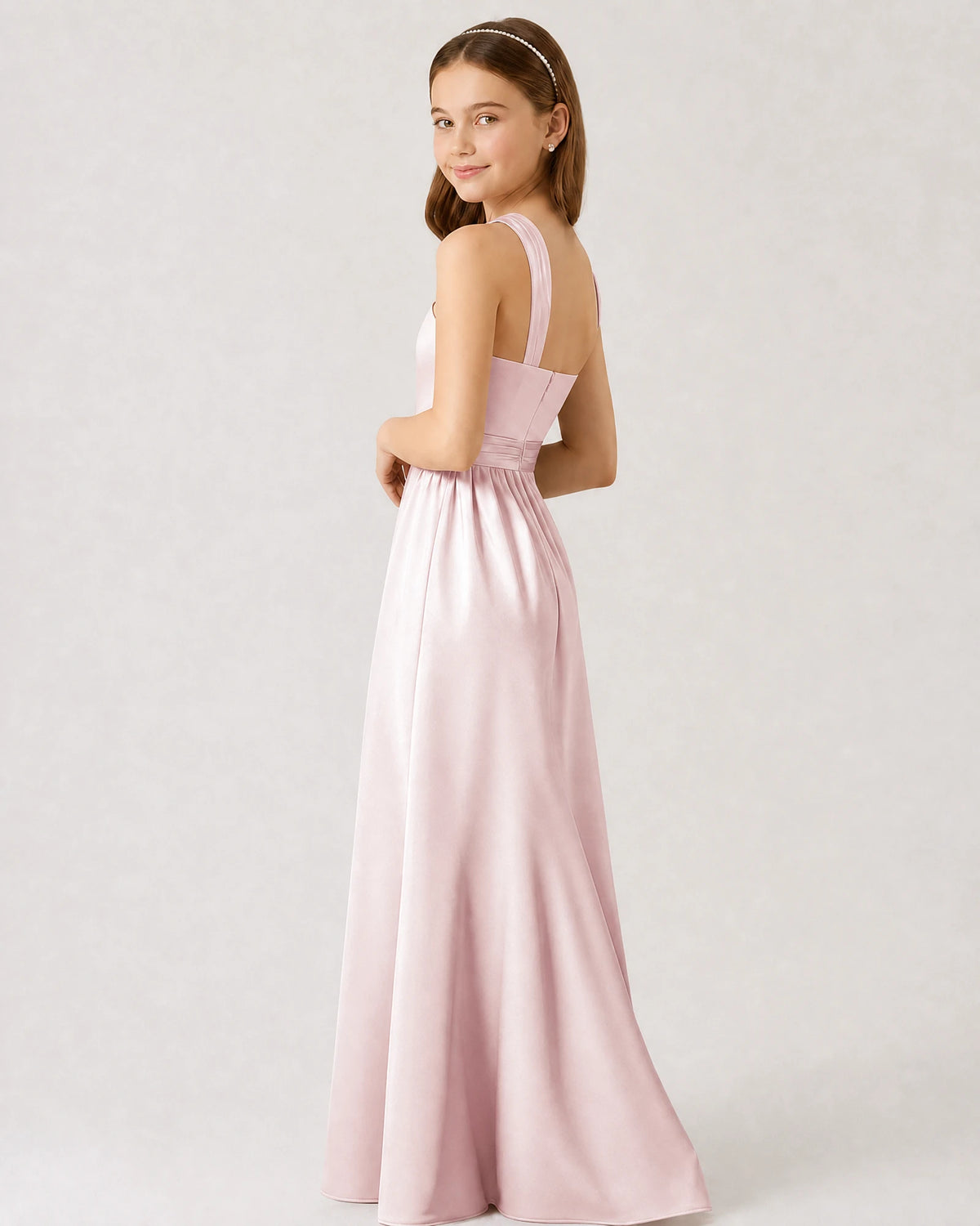 Blush Pink Satin A-line Junior Bridesmaid Dress Side View