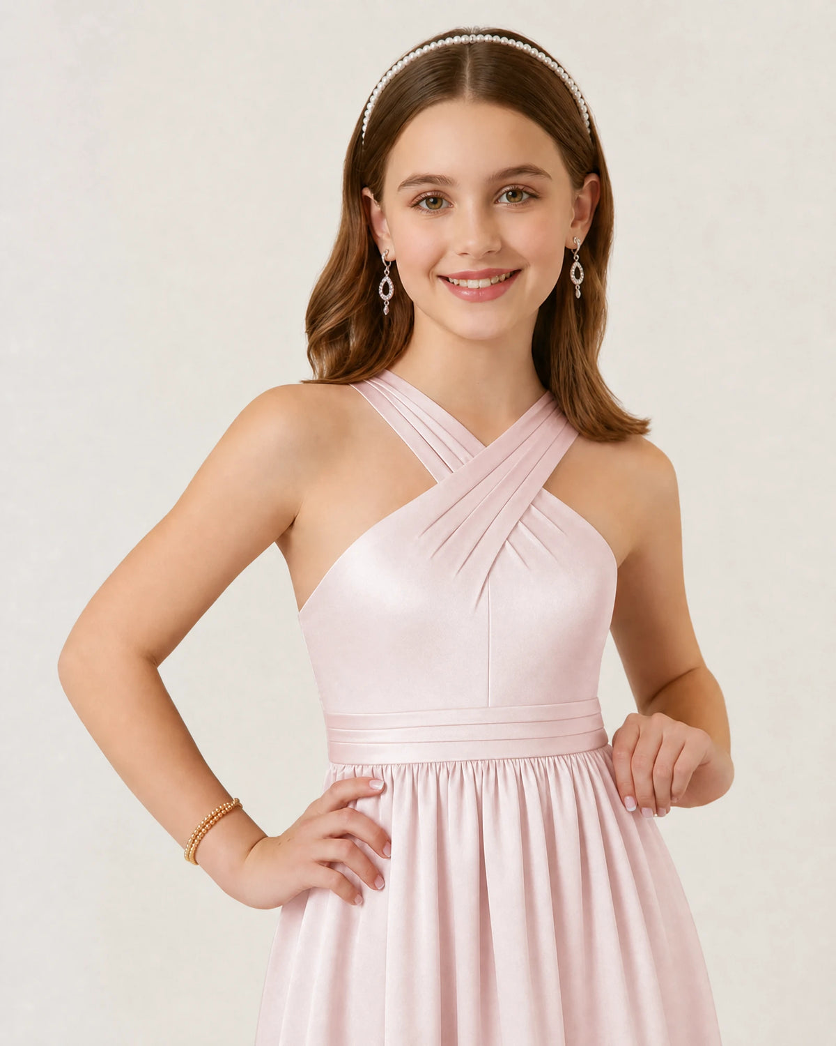 Blush Pink Satin A-line Junior Bridesmaid Dress Front View