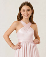 Blush Pink Satin A-line Junior Bridesmaid Dress Front View
