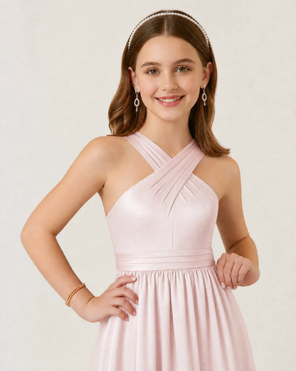 Blush Pink Satin A-line Junior Bridesmaid Dress Front View
