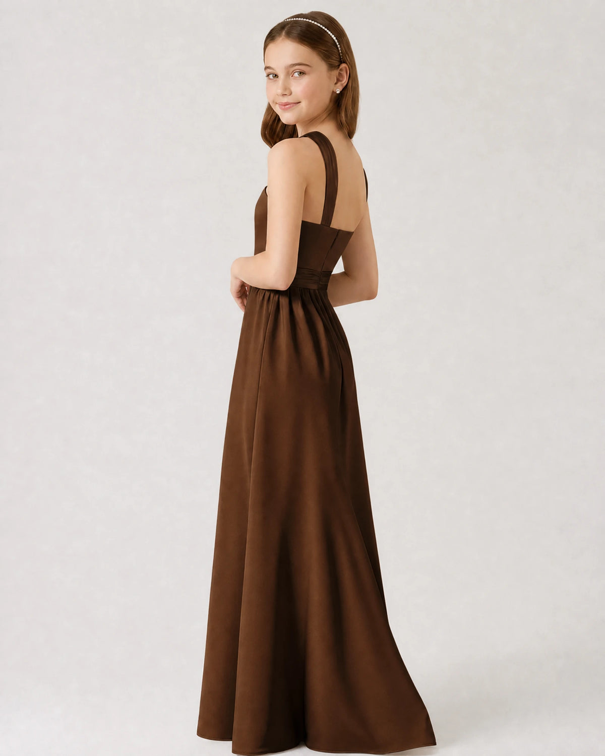 Brown Satin A-line Junior Bridesmaid Dress Side View