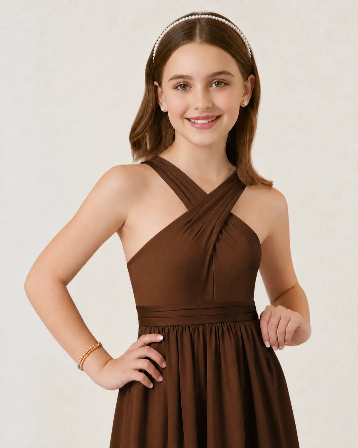 Brown Chiffon A-line Junior Bridesmaid Dress Front View
