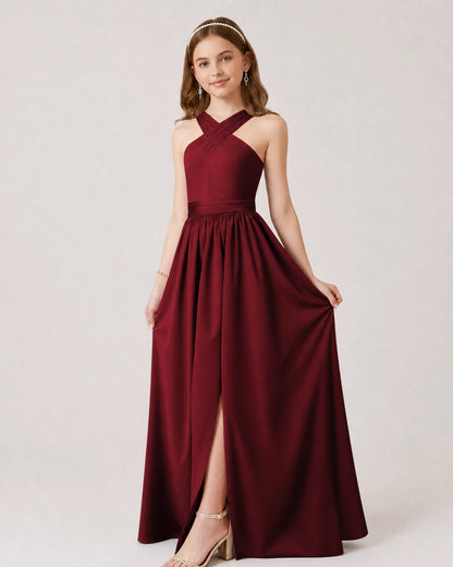 Burgundy Satin A-line Junior Bridesmaid Dress Front View