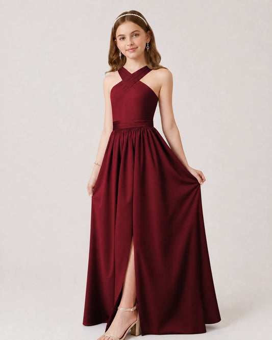 Burgundy Satin A-line Junior Bridesmaid Dress Front View