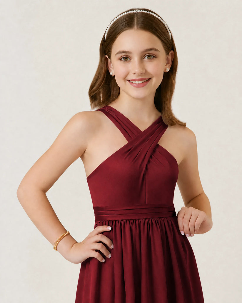 Burgundy Chiffon A-line Junior Bridesmaid Dress Front View