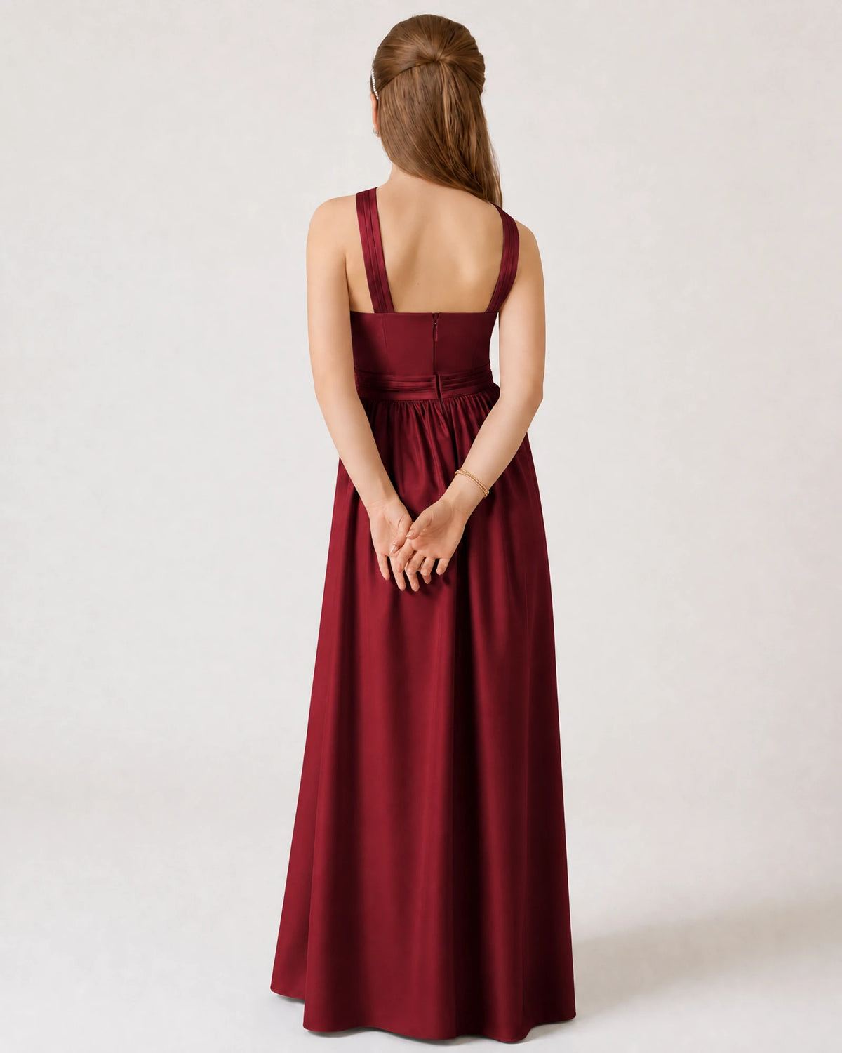 Burgundy Satin A-line Junior Bridesmaid Dress Back View