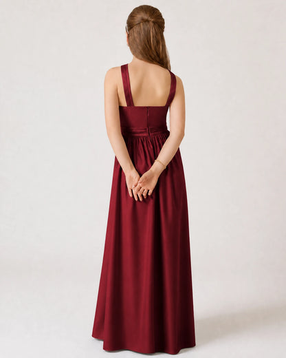 Burgundy Satin A-line Junior Bridesmaid Dress Back View