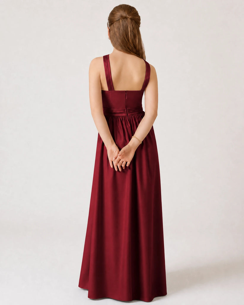 Burgundy Satin A-line Junior Bridesmaid Dress Back View