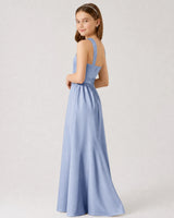 Dusty Blue Satin A-line Junior Bridesmaid Dress Side View