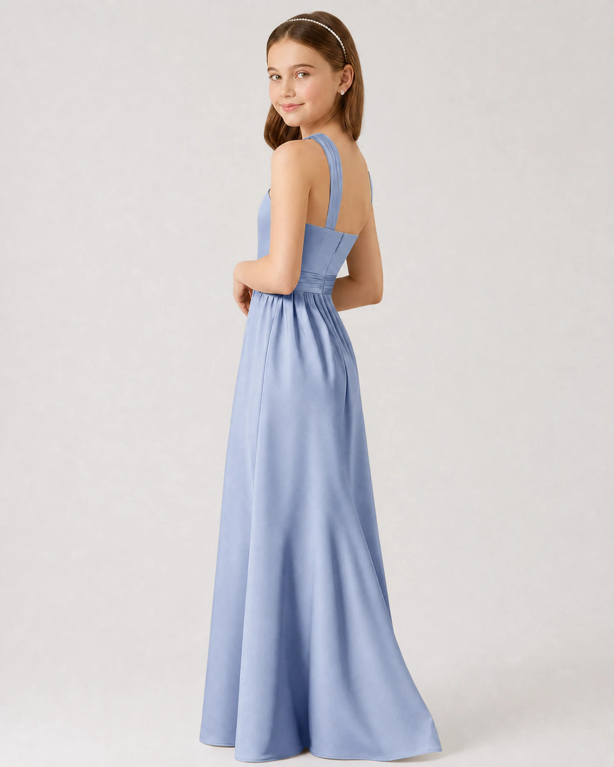 Dusty Blue Satin A-line Junior Bridesmaid Dress Side View