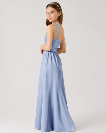 Dusty Blue Satin A-line Junior Bridesmaid Dress Side View