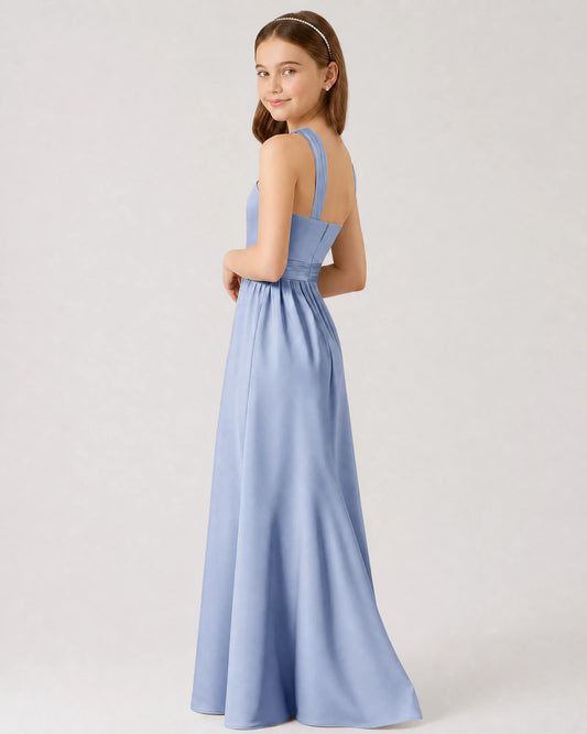 Dusty Blue Satin A-line Junior Bridesmaid Dress Side View
