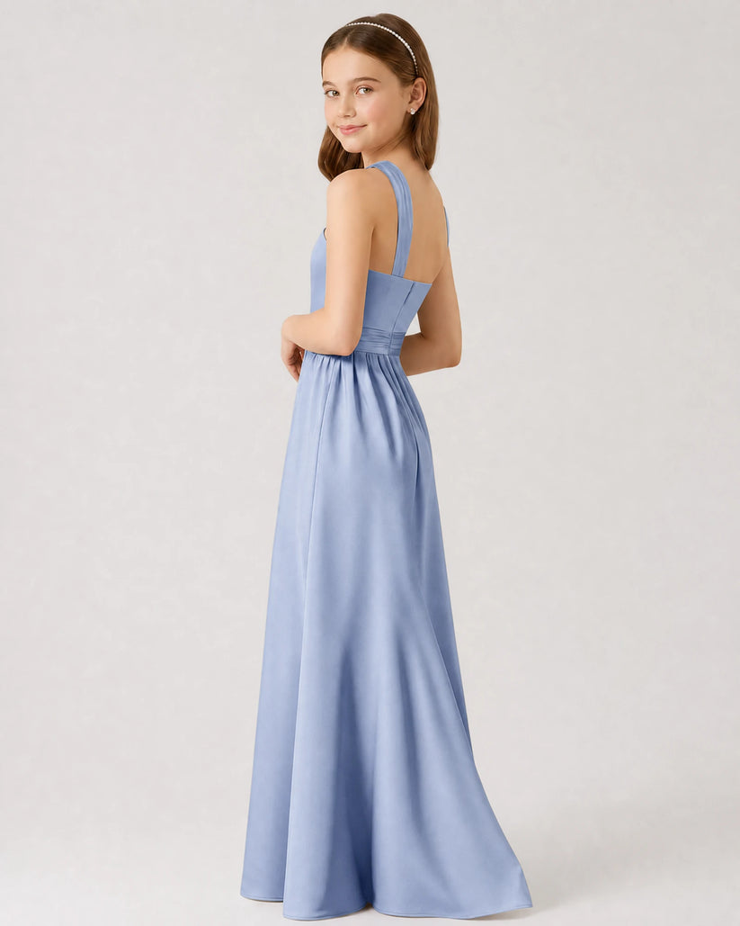 Dusty Blue Satin A-line Junior Bridesmaid Dress Side View