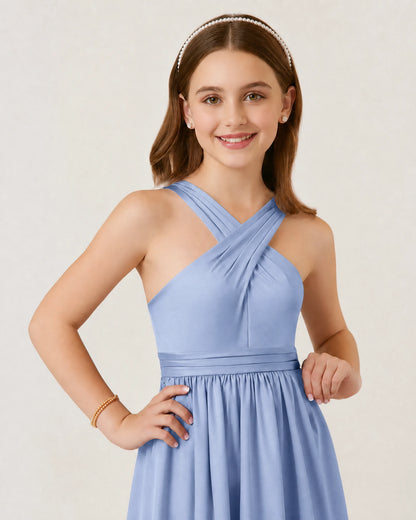 Dusty Blue Chiffon A-line Junior Bridesmaid Dress Front View